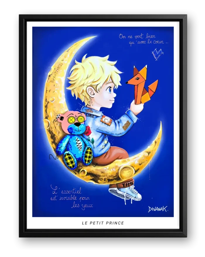 affiche issue d'une peinture originale représentant un enfant assis sur un croissant de lune, tenant un renard en origami, dans un univers poétique et onirique