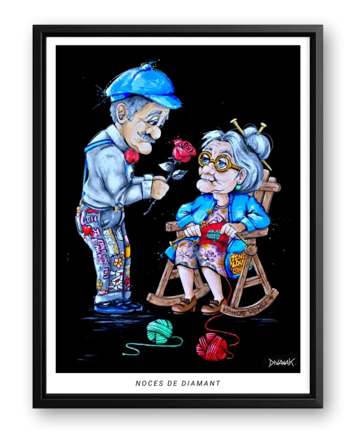 affiche issue d'une peinture originale représentant un couple âgé, l'homme offrant une rose à sa compagne, symbole d'un amour qui traverse le temps