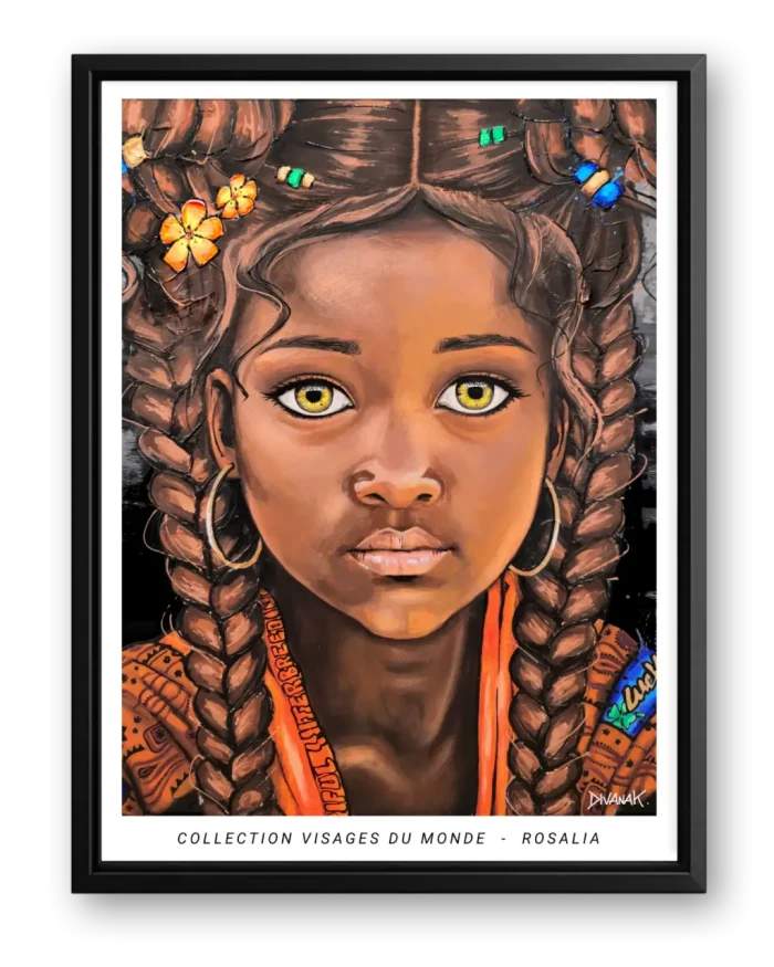 affiche issue d'une peinture originale représentant le portrait d'une jeune fille métissée avec des tresses
