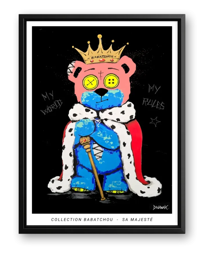 affiche issue d'une peinture originale, représentant un ourson tenant un coeur rouge marqué "fragile", dans une scène symbolique inspirée de la tendresse, de la protection et de l'émotion