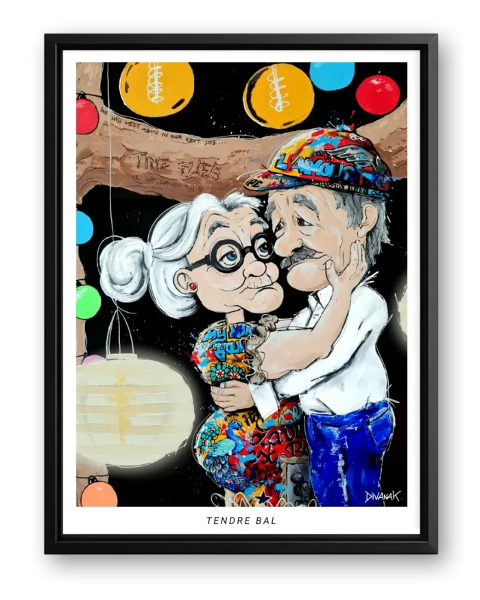 affiche issue d'une peinture originale représentant un couple âgé enlacé, partageant un moment de danse et de tendresse dans un univers poétique