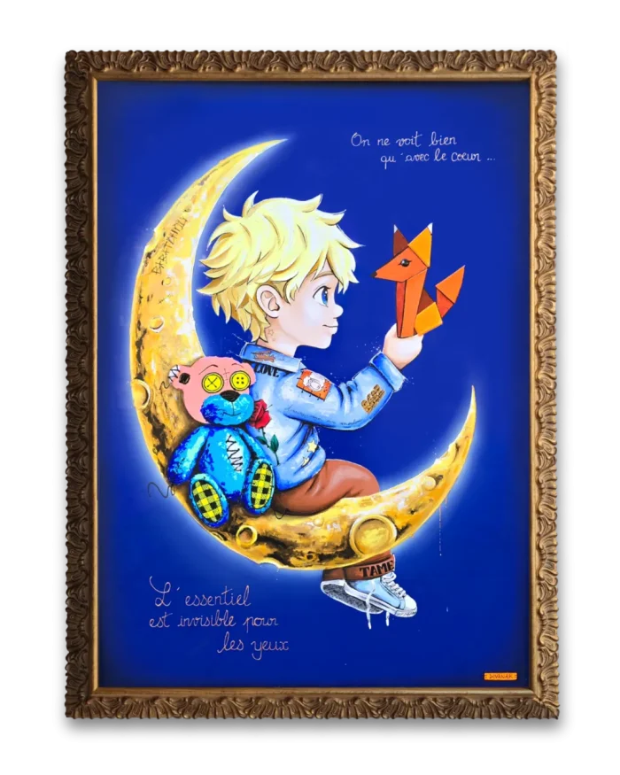 peinture originale représentant un enfant assis sur un croissant de lune, tenant un renard en origami, dans un univers poétique et onirique
