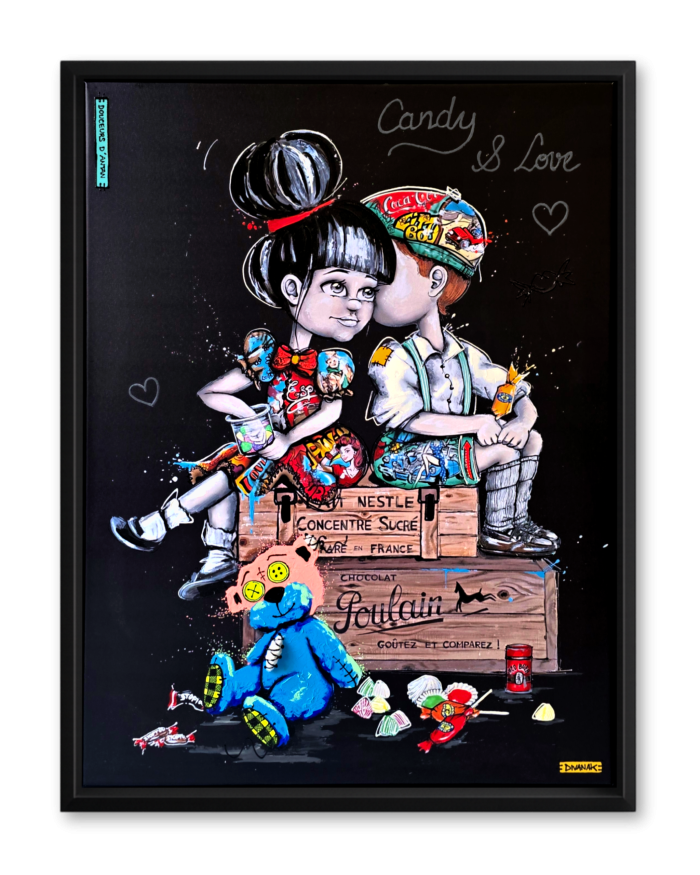 reproduction rehaussée à la main, représentant deux enfants assis sur des caisses vintages, partageant un moment complice autour de sucreries, avec un ourson posé à leurs pieds