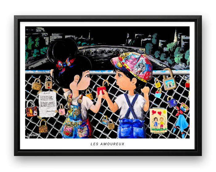 affiche issue d'une peinture originale représentant deux enfants sur un pont couvert de cadenas, paris en arrière plan, dans une scène tendre et symbolique