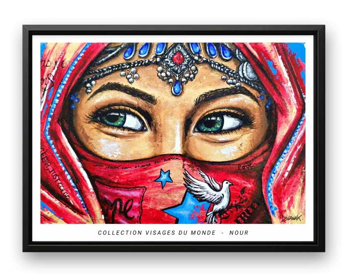 affiche issue d'une peinture originale représentant le regard d'une femme derrière son voile, mêlant influences traditionnelles et urbaines