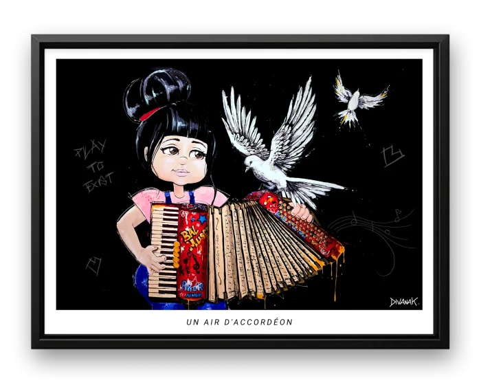 affiche issue d'une peinture originale représentant une fillette jouant de l'accordéon, accompagnée de colombes, dans une scène poétique inspirée de l'univers du street art