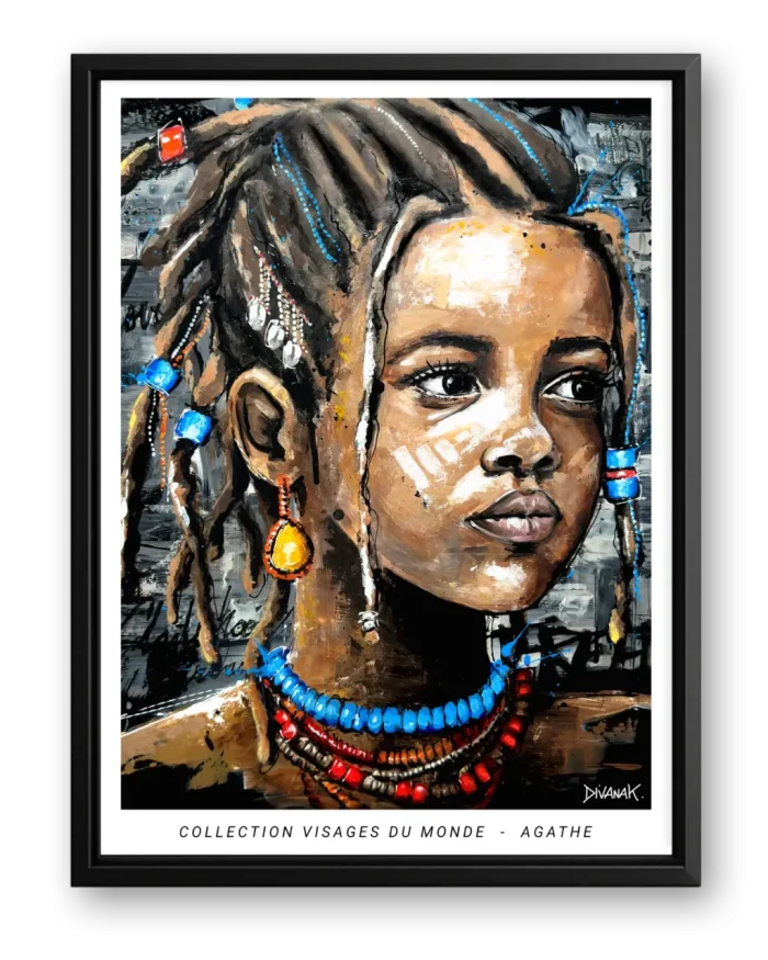 affiche issue d'une peinture originale représentant une jeune fille aux tresses et parures colorées