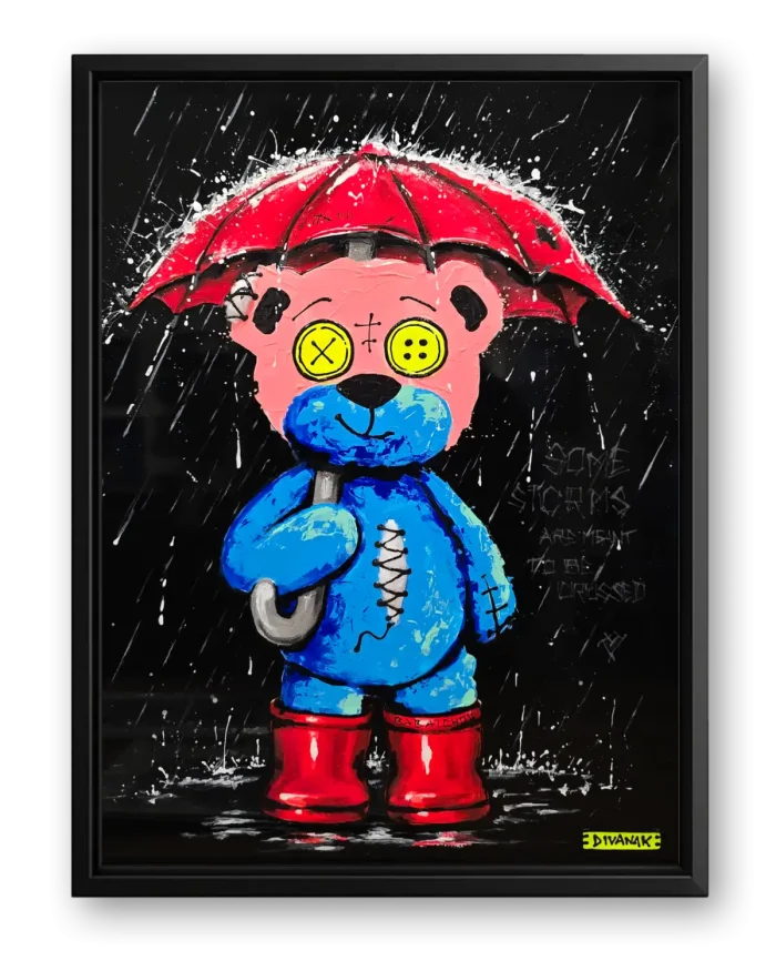 peinture originale de babatchou sous la pluie, tenant un parapluie et des bottes rouge