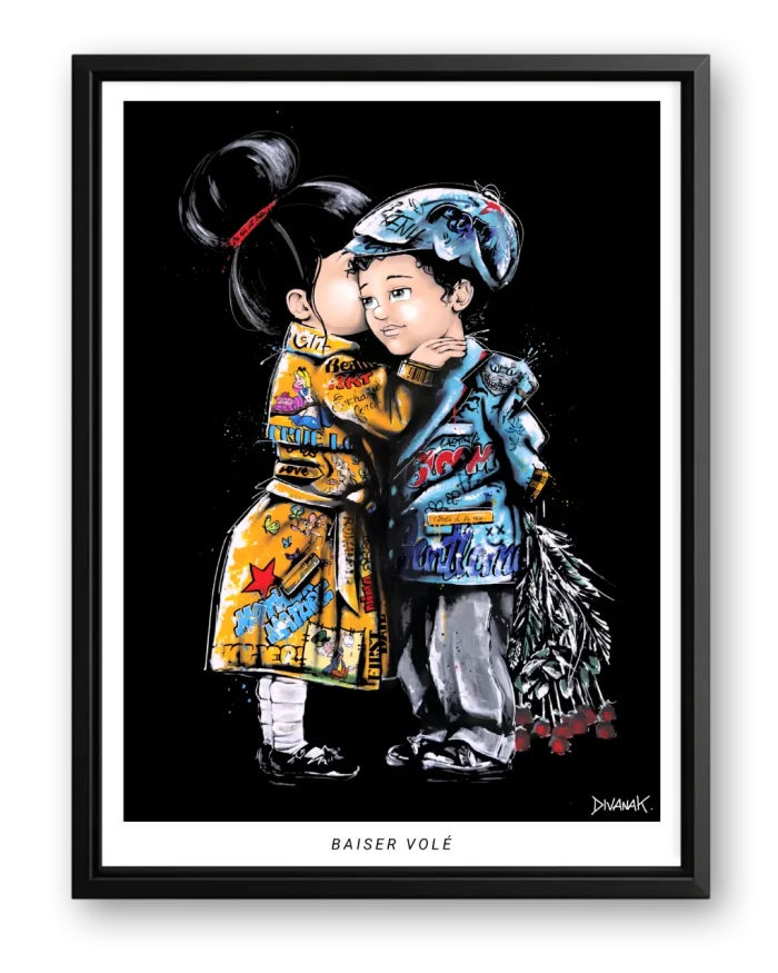 affiche issue d'une peinture originale, représentant une fillette déposant un baiser sur la joue d'un garçon, dans une scène tendre inspirée de l'enfance, dans un univers urbain