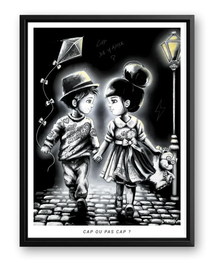 affiche issue d'une peinture originale représentant deux enfants se lançant un jeu de défi