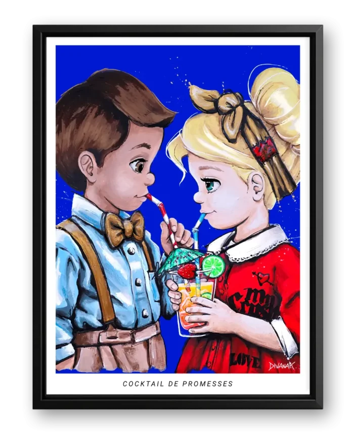 affiche issue d'une peinture originale représentant deux enfants partageant un cocktail coloré plein de promesses
