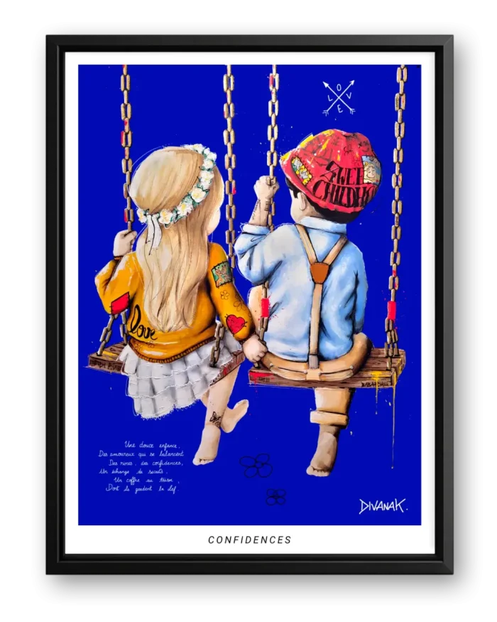 affiche issue d'une peinture originale représentant deux enfants assis côte à côte sur une balançoire, complices, dans un univers coloré aux accents urbains