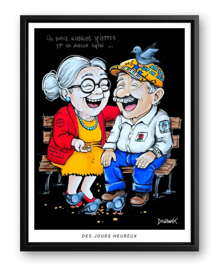 affiche issue d'une peinture originale représentant un couple âgé assis sur un banc, riant ensemble, partageant un moment de joie simple et complice