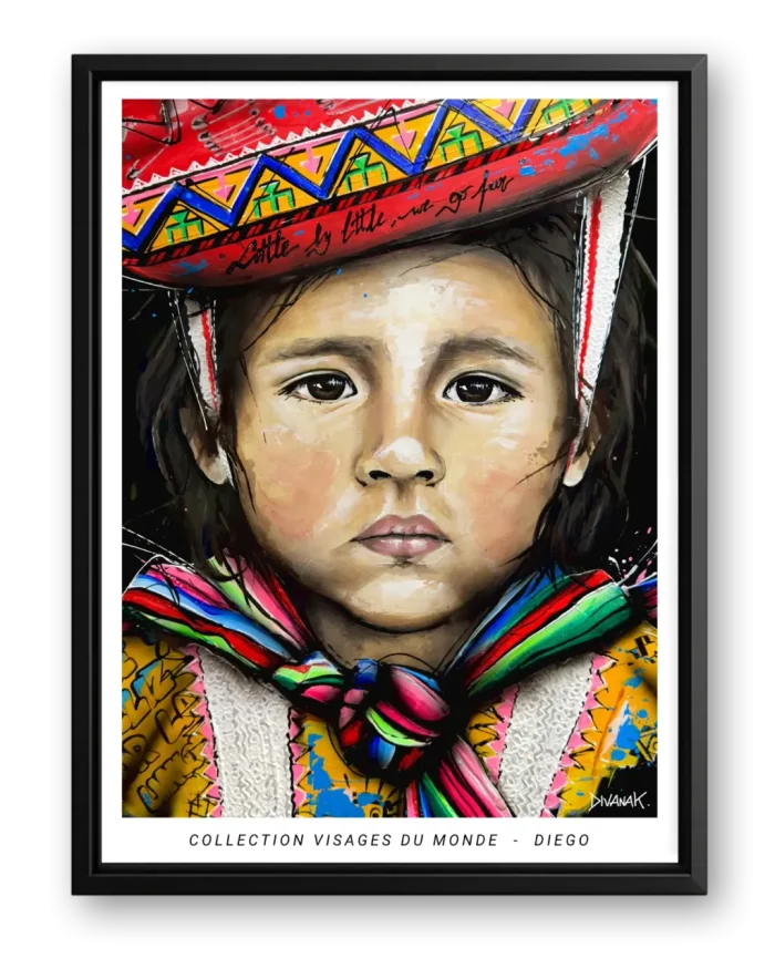 affiche issue d'une peinture originale représentant le portrait d'un enfant portant une tenue aux motifs traditionnels