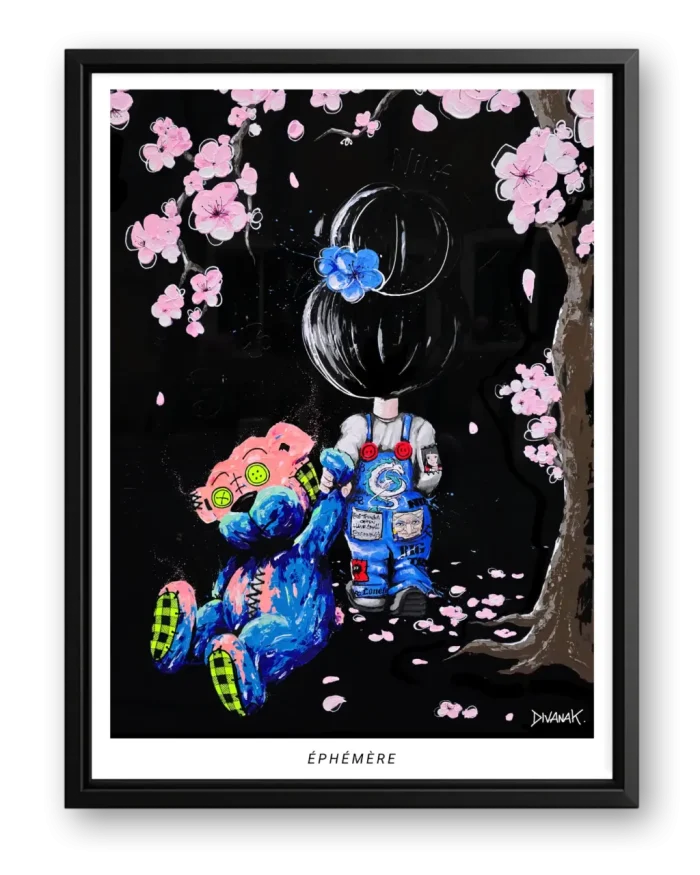 affiche issue d'une peinture originale représentant une fillette marchant sous un cerisier en fleurs, tenant son ourson, dans une atmosphère douce et éphémère