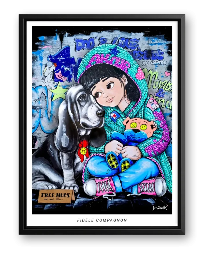 affiche issue d'une peinture originale représentant une fillette blottie contre son chien, partageant un moment de tendresse