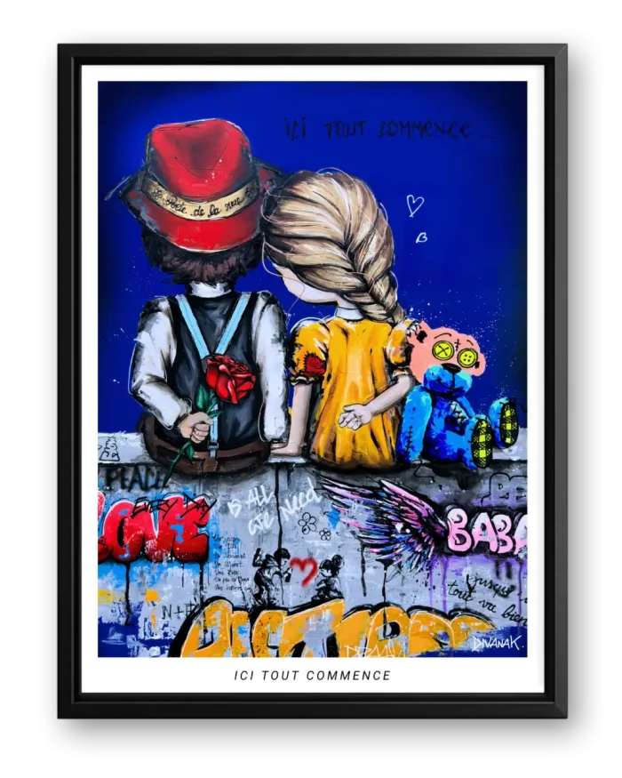 affiche issue d'une peinture originale représentant deux enfants assis côte à côte, complices, sur un muret aux influences urbaines, marquant le début d'une histoire