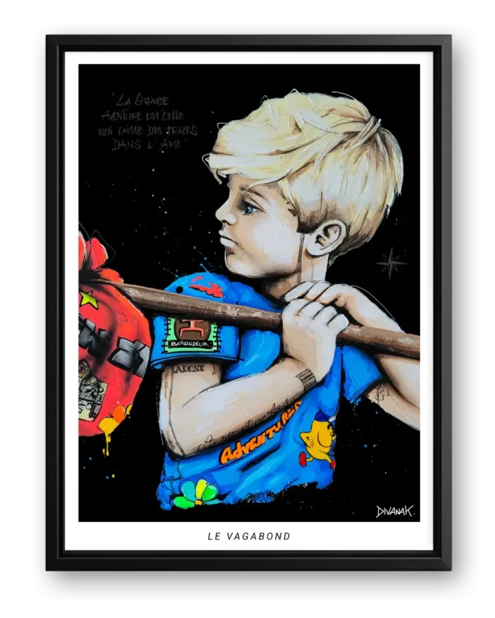 affiche issue d'une peinture originale représentant un enfant portant un baluchon, regard tourné vers l'aventure