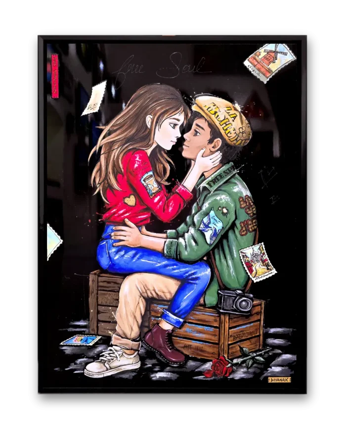 peinture originale d'un jeune couple assis sur des caisses en bois, se regardant avec désir