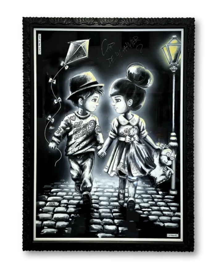 peinture originale représentant deux enfants se lançant un jeu de défi