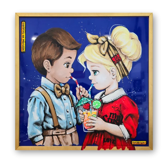 peinture originale représentant deux enfants partageant un cocktail coloré plein de promesses