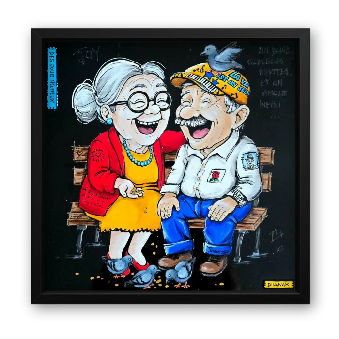 peinture originale représentant un couple âgé assis sur un banc, riant ensemble, partageant un moment de joie simple et complice