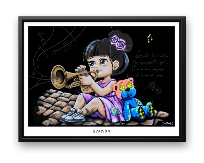 affiche issue d'une peinture originale représentant une fillette jouant de la trompette, assise sur des pavés aux côtés de son ours en tissu, dans une scène poétique