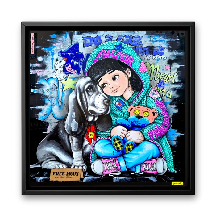 peinture originale représentant une fillette blottie contre son chien, partageant un moment de tendresse