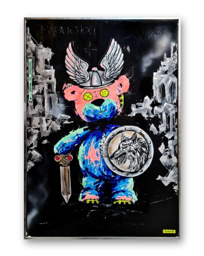 peinture originale représentant un ours coloré façon guerrier, avec casque et bouclier, au coeur d'un décor en ruine