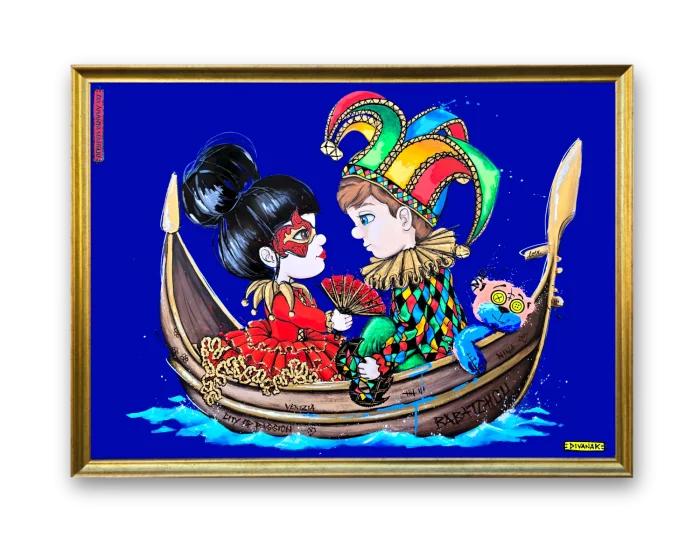 peinture originale de deux enfants costumés façon carnaval vénitien, assis dans une gondole