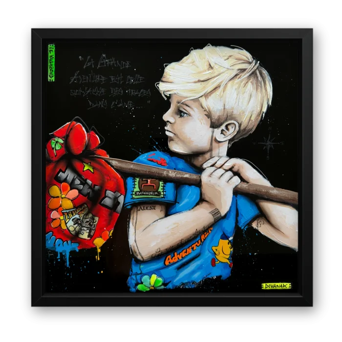 peinture originale représentant un enfant portant un baluchon, regard tourné vers l'aventure