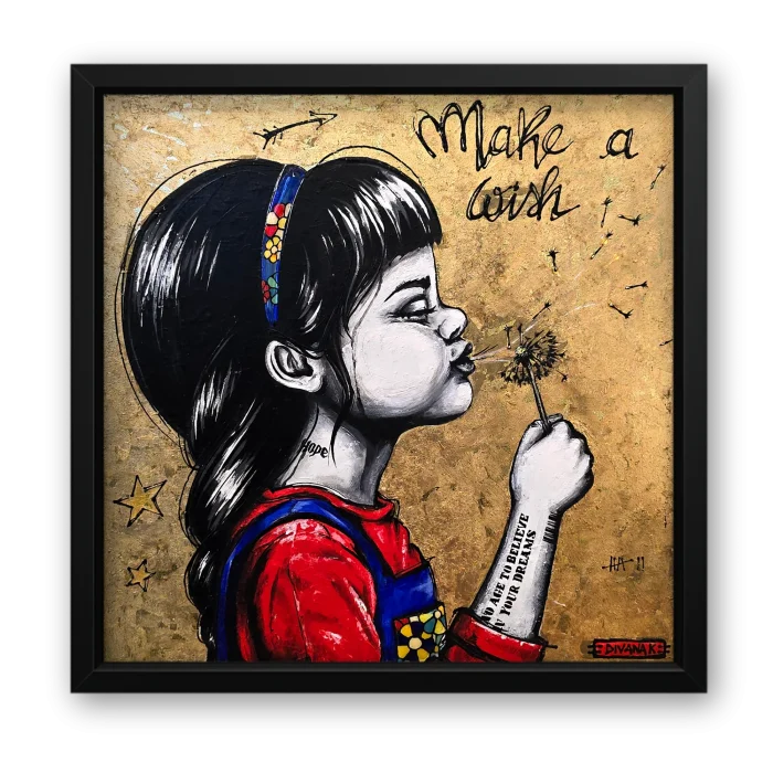 peinture originale d'une fillette soufflant sur un pissenlit sur fond doré, avec l'inscription "make a wish"