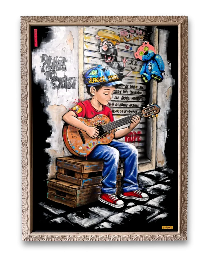 peinture originale représentant un enfant musicien, assis sur des caisses en bois, jouant de la guitare dans une atmosphère urbaine et sensible