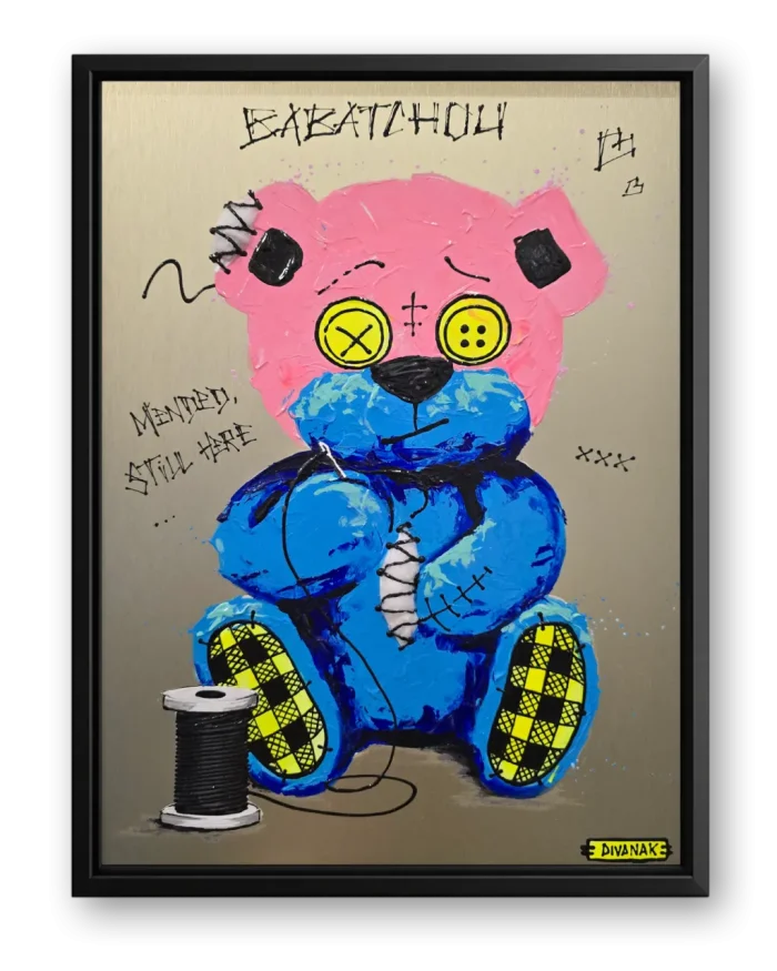 peinture originale de babatchou assis avec une bobine de fil, recousant ses propres cicatrices