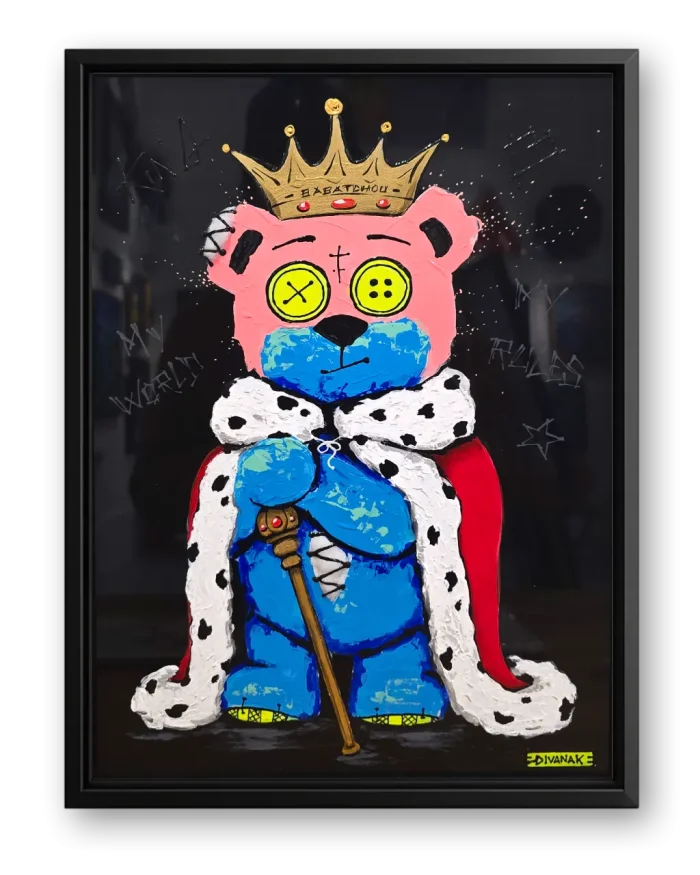 peinture originale de babatchou couronné, portant une cape royale et tenant un sceptre