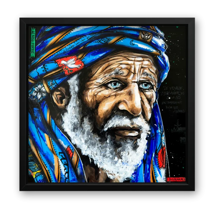 peinture originale représentant un vieil homme aux influences ethniques