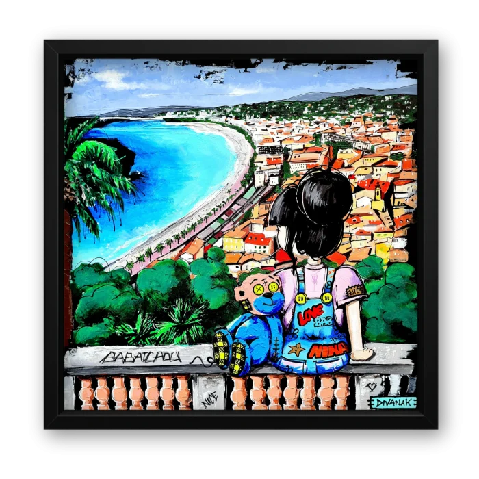 peinture originale d'une fillette vue de dos avec son nounours, regardant nice depuis la vue du château