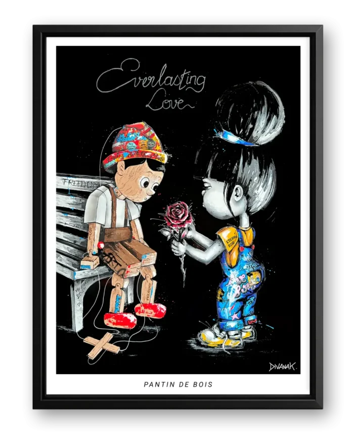 affiche issue d'une peinture originale représentant une fillette offrant une rose à un pantin de bois assis sur un banc, dans un univers contrasté aux accents urbains