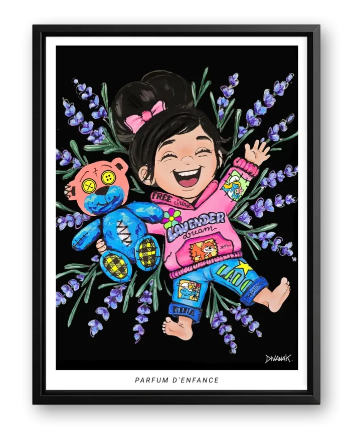 affiche issue d'une peinture originale représentant une petite fille riant dans les champs de lavande, un ours en peluche sous le bras