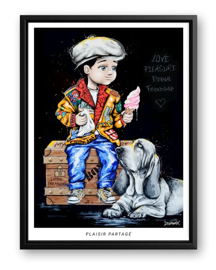 affiche issue d'une peinture originale représentant un enfant au style gavroche et un chien, partageant un plaisir simple