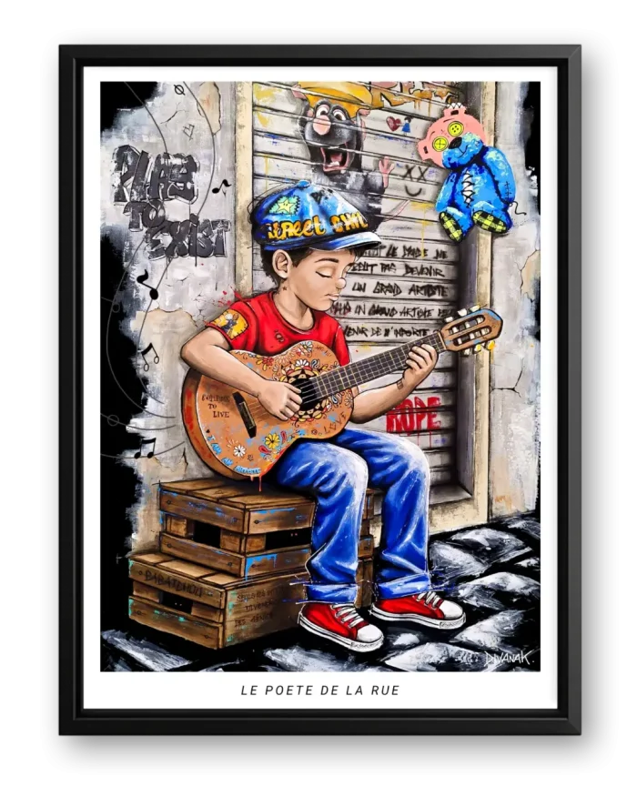 affiche issue d'une peinture originale représentant un enfant musicien, assis sur des caisses en bois, jouant de la guitare dans une atmosphère urbaine et sensible
