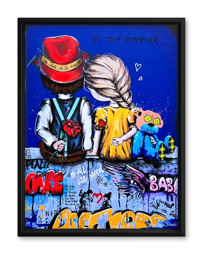 reproduction issue d'une peinture originale représentant deux enfants assis côte à côte, complices, sur un muret aux influences urbaines, marquant le début d'une histoire