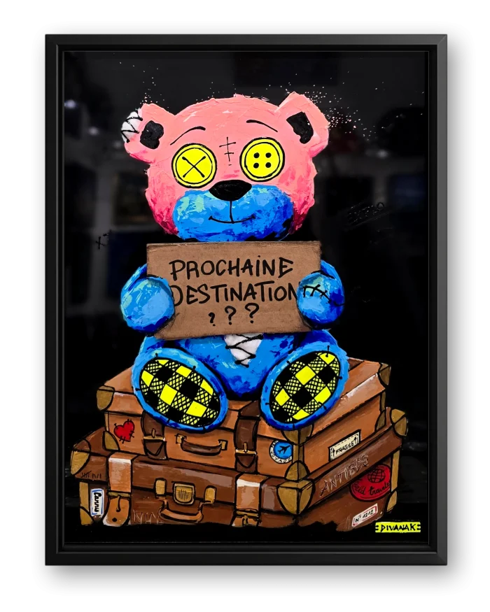 peinture originale de babatchou, prêt à partir avec ses valises