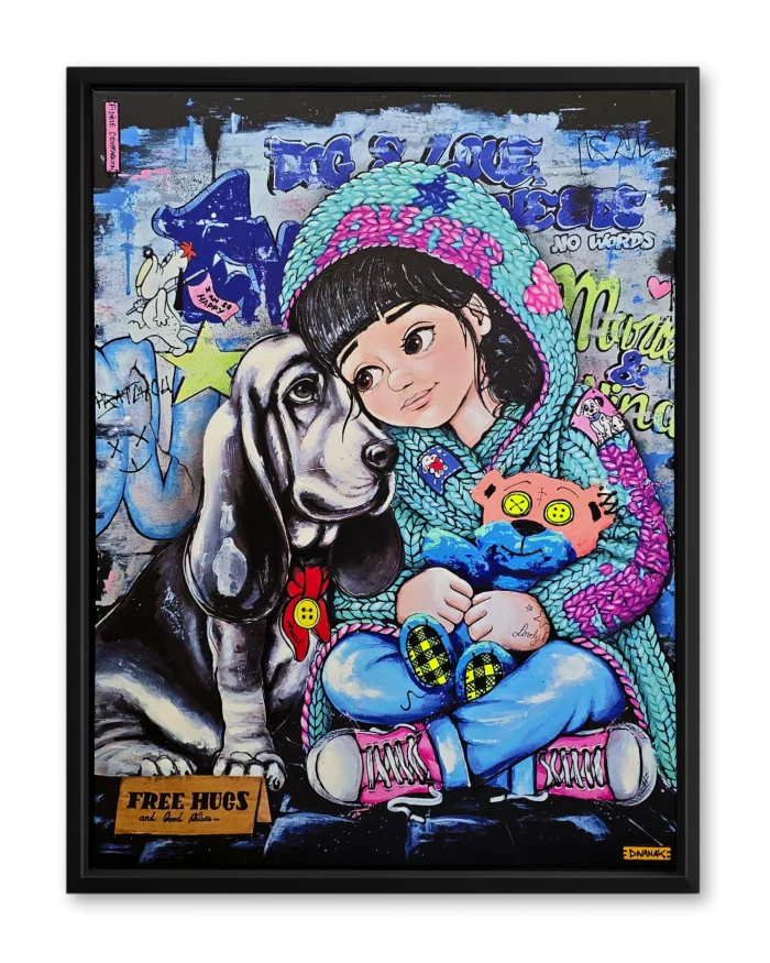 reproduction représentant une fillette blottie contre son chien, partageant un moment de tendresse