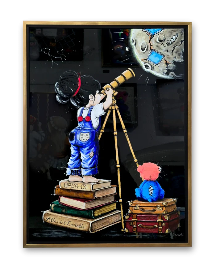 Peinture originale représentant une petite fille de dos, accompagnée de son ourson, perchée sur des livres, observant une planète à travers son téléscope.