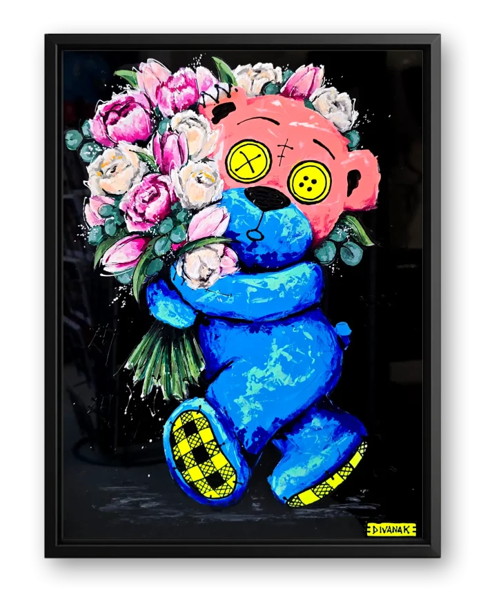 peinture originale de l'ourson babatchou tenant une gros bouquet de fleurs